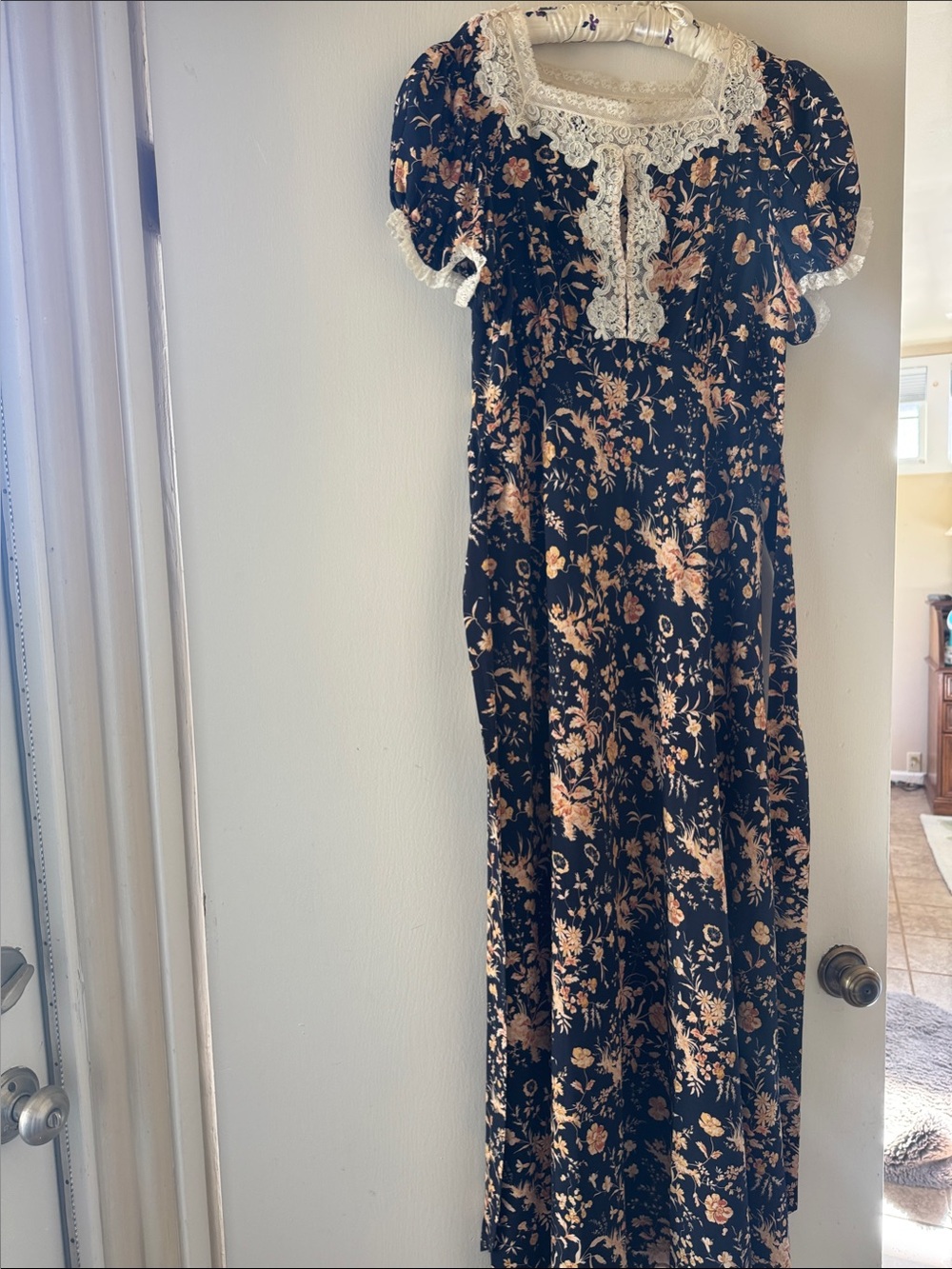Doen Lace-Trim Silk Floral Maxi Dress in Navy and Peach